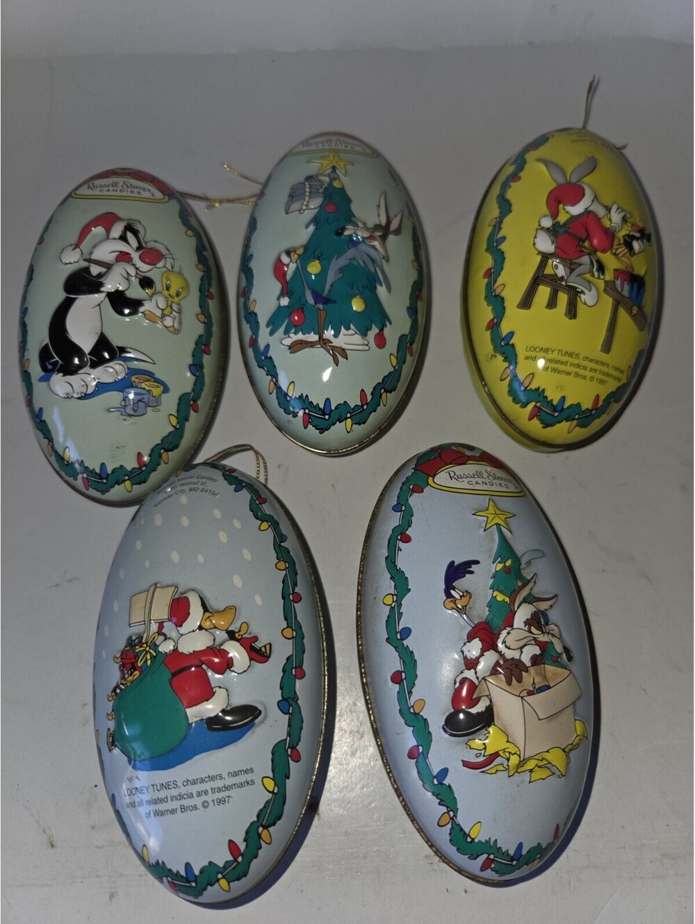 Vintage 1997 LOONEY TUNES Tin Egg Christmas Ornament Russel Stover Lot Of 5 SE2